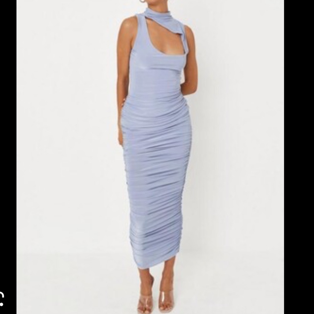 Blue Double Layer Slinky High Neck Cut Out Midaxi Dress